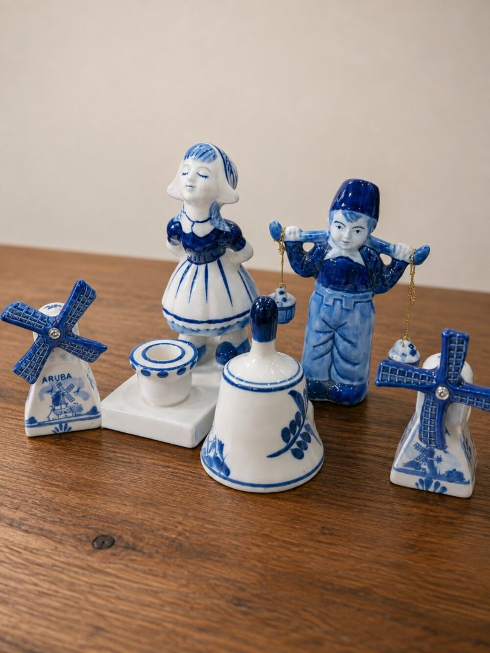Vintage Blue & White Delft Holland Ceramic Figurines & Mini Windmills (Set of 5)